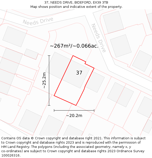37, NEEDS DRIVE, BIDEFORD, EX39 3TB: Plot and title map
