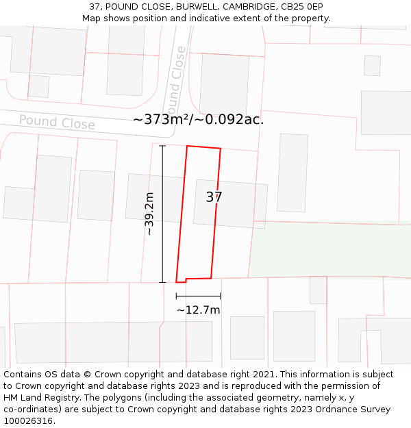 37, POUND CLOSE, BURWELL, CAMBRIDGE, CB25 0EP: Plot and title map