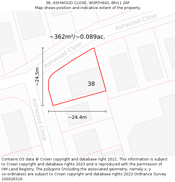 38, ASHWOOD CLOSE, WORTHING, BN11 2AF: Plot and title map