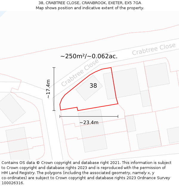 38, CRABTREE CLOSE, CRANBROOK, EXETER, EX5 7GA: Plot and title map
