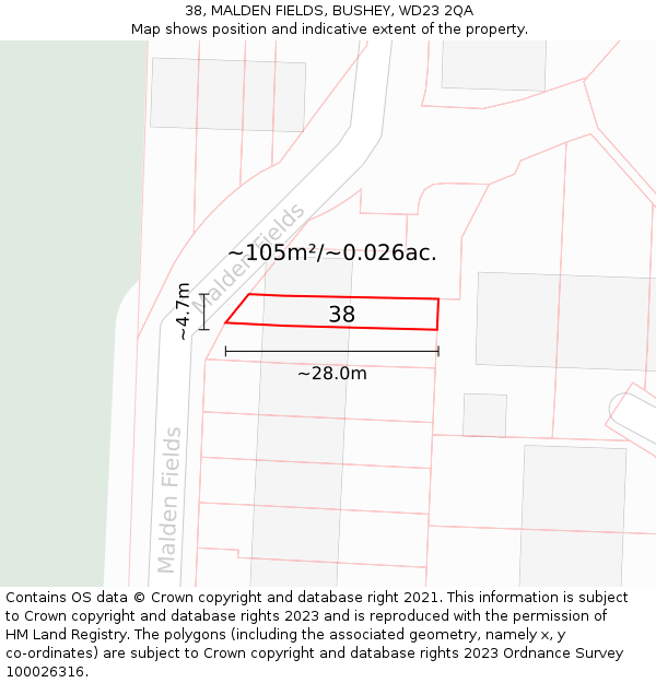 38, MALDEN FIELDS, BUSHEY, WD23 2QA: Plot and title map