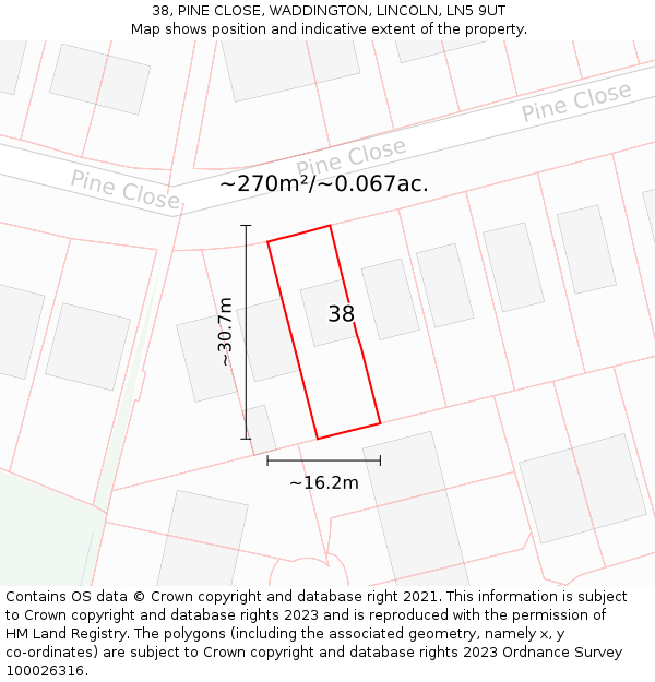 38, PINE CLOSE, WADDINGTON, LINCOLN, LN5 9UT: Plot and title map