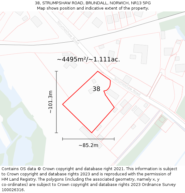 38, STRUMPSHAW ROAD, BRUNDALL, NORWICH, NR13 5PG: Plot and title map