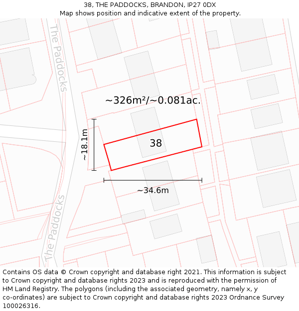 38, THE PADDOCKS, BRANDON, IP27 0DX: Plot and title map
