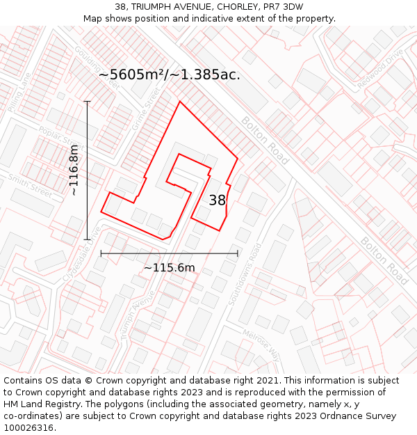 38, TRIUMPH AVENUE, CHORLEY, PR7 3DW: Plot and title map