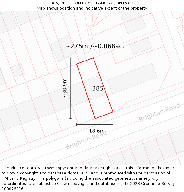 385, BRIGHTON ROAD, LANCING, BN15 8JS: Plot and title map