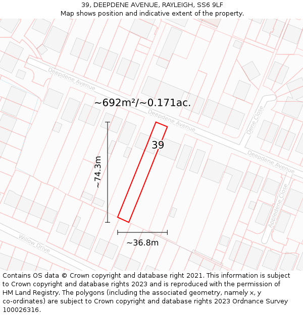 39, DEEPDENE AVENUE, RAYLEIGH, SS6 9LF: Plot and title map