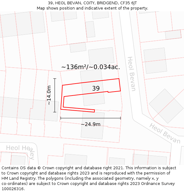 39, HEOL BEVAN, COITY, BRIDGEND, CF35 6JT: Plot and title map