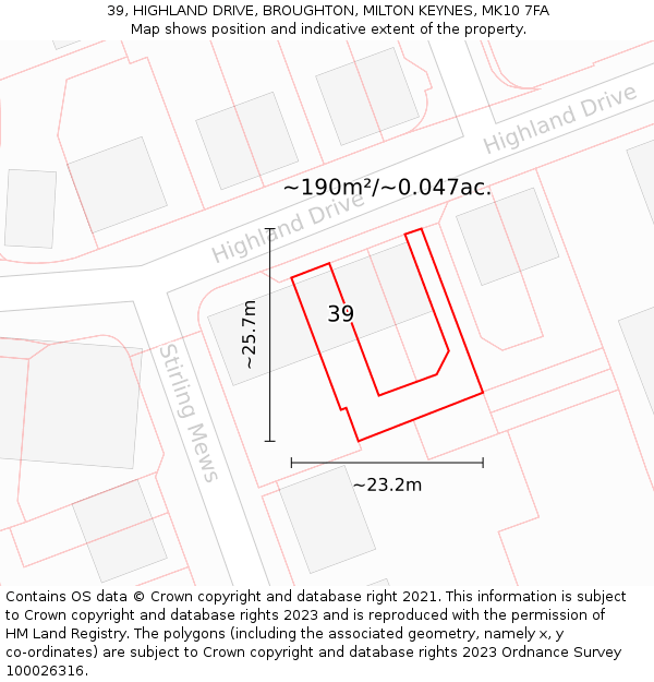 39, HIGHLAND DRIVE, BROUGHTON, MILTON KEYNES, MK10 7FA: Plot and title map