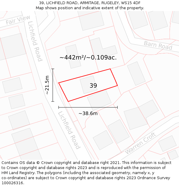 39, LICHFIELD ROAD, ARMITAGE, RUGELEY, WS15 4DF: Plot and title map