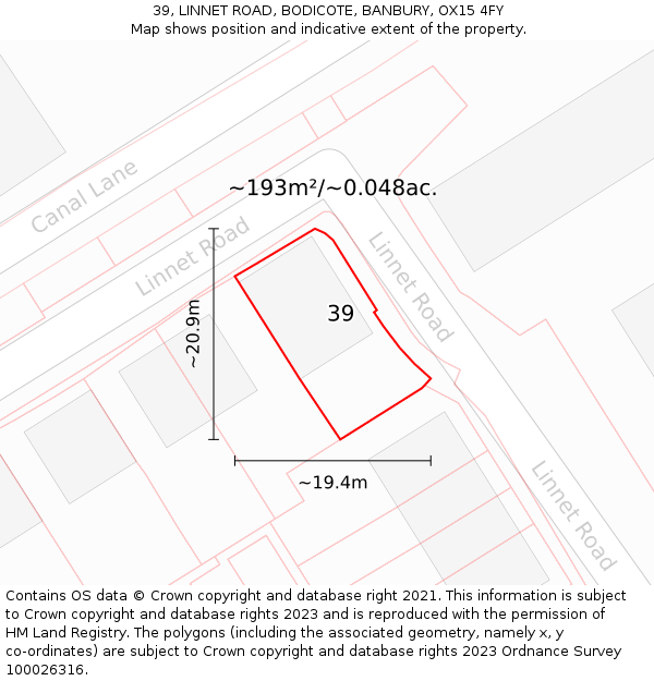39, LINNET ROAD, BODICOTE, BANBURY, OX15 4FY: Plot and title map