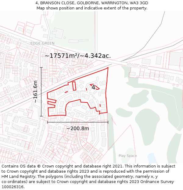 4, BRANSON CLOSE, GOLBORNE, WARRINGTON, WA3 3GD: Plot and title map