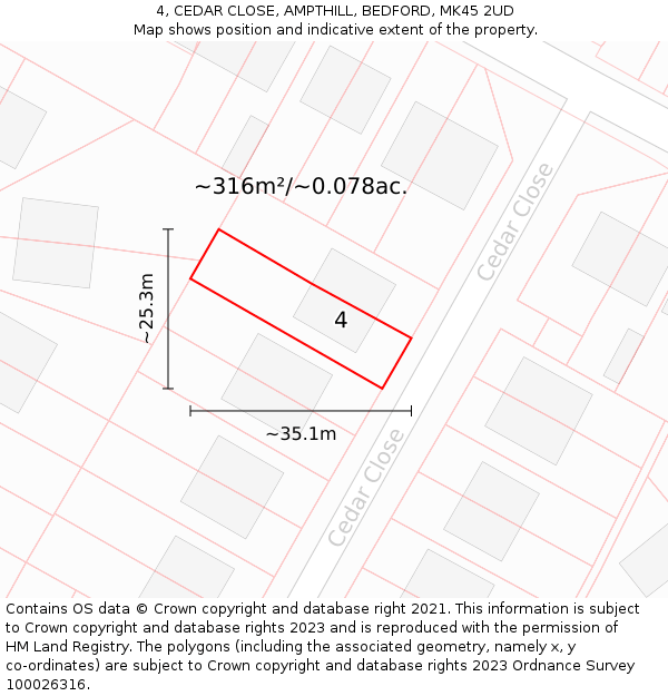 4, CEDAR CLOSE, AMPTHILL, BEDFORD, MK45 2UD: Plot and title map