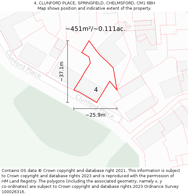 4, CLUNFORD PLACE, SPRINGFIELD, CHELMSFORD, CM1 6BH: Plot and title map