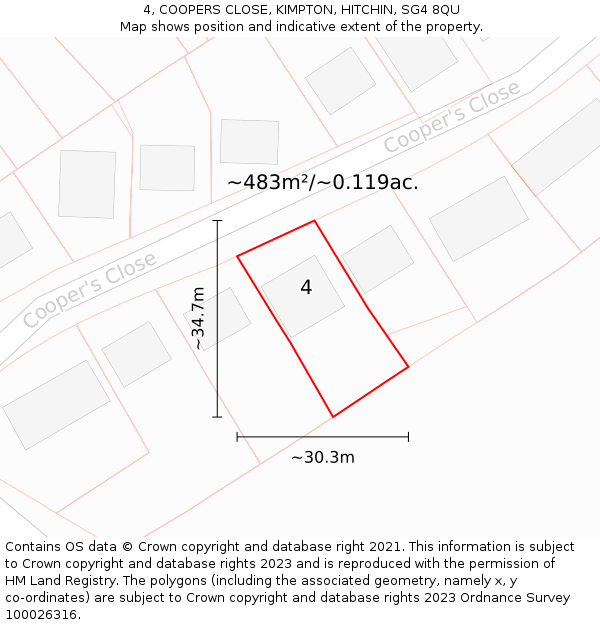 4, COOPERS CLOSE, KIMPTON, HITCHIN, SG4 8QU: Plot and title map