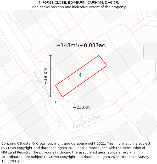 4, FORGE CLOSE, BOWBURN, DURHAM, DH6 5FL: Plot and title map