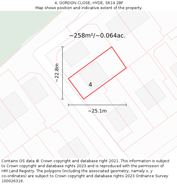 4, GORDON CLOSE, HYDE, SK14 2BF: Plot and title map