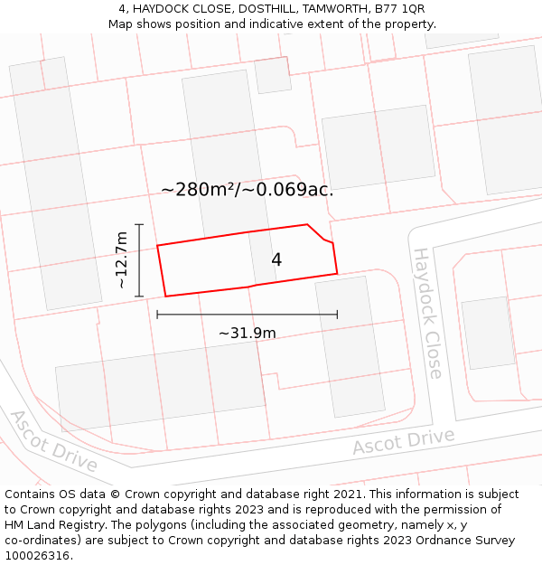 4, HAYDOCK CLOSE, DOSTHILL, TAMWORTH, B77 1QR: Plot and title map