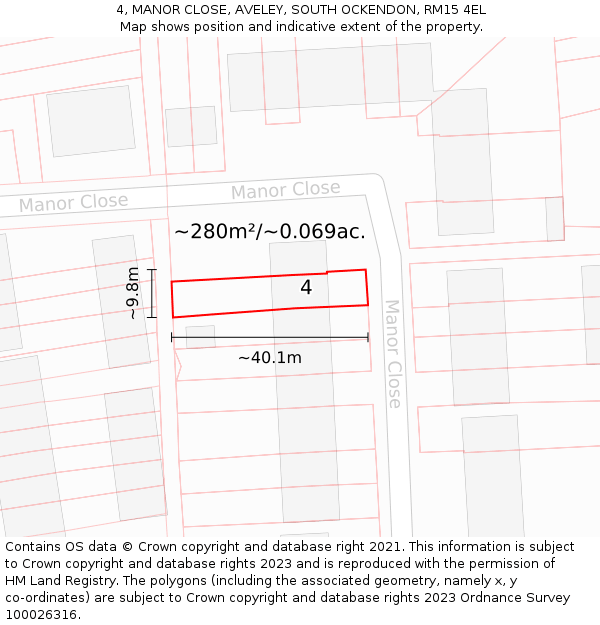 4, MANOR CLOSE, AVELEY, SOUTH OCKENDON, RM15 4EL: Plot and title map