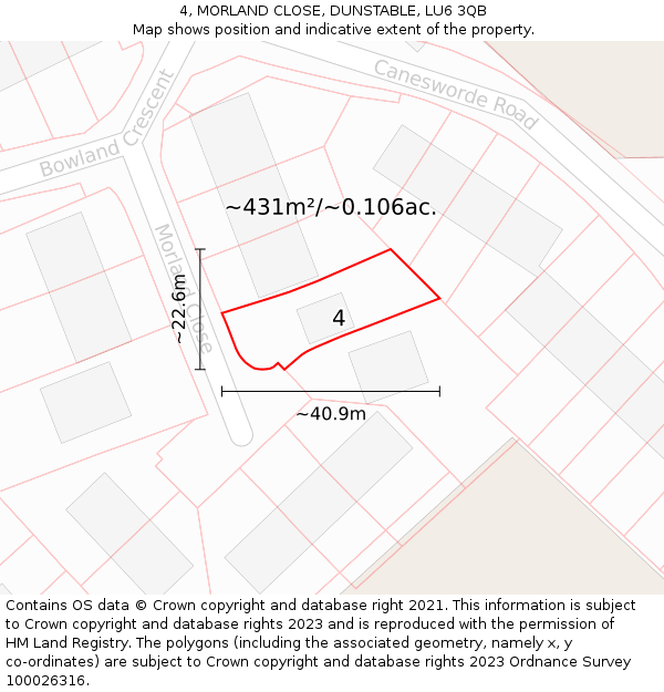 4, MORLAND CLOSE, DUNSTABLE, LU6 3QB: Plot and title map