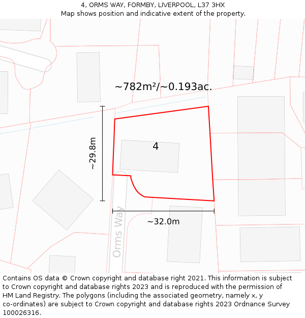 4, ORMS WAY, FORMBY, LIVERPOOL, L37 3HX: Plot and title map
