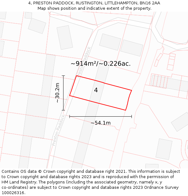4, PRESTON PADDOCK, RUSTINGTON, LITTLEHAMPTON, BN16 2AA: Plot and title map