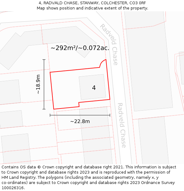 4, RADVALD CHASE, STANWAY, COLCHESTER, CO3 0RF: Plot and title map
