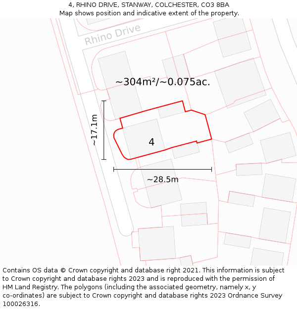 4, RHINO DRIVE, STANWAY, COLCHESTER, CO3 8BA: Plot and title map