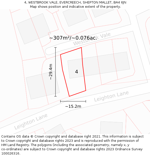 4, WESTBROOK VALE, EVERCREECH, SHEPTON MALLET, BA4 6JN: Plot and title map