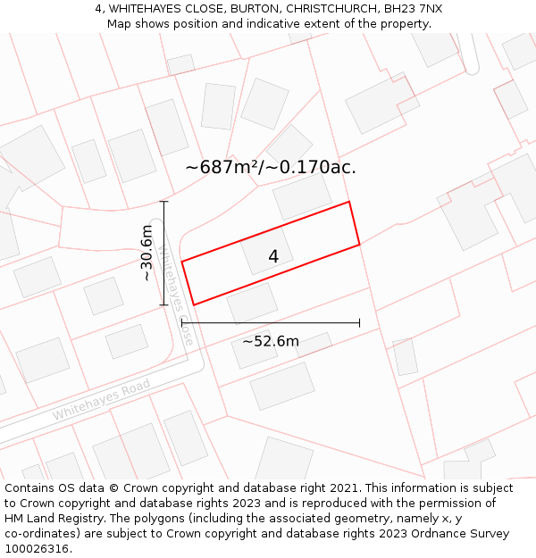 4, WHITEHAYES CLOSE, BURTON, CHRISTCHURCH, BH23 7NX: Plot and title map