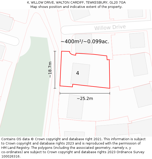 4, WILLOW DRIVE, WALTON CARDIFF, TEWKESBURY, GL20 7GA: Plot and title map