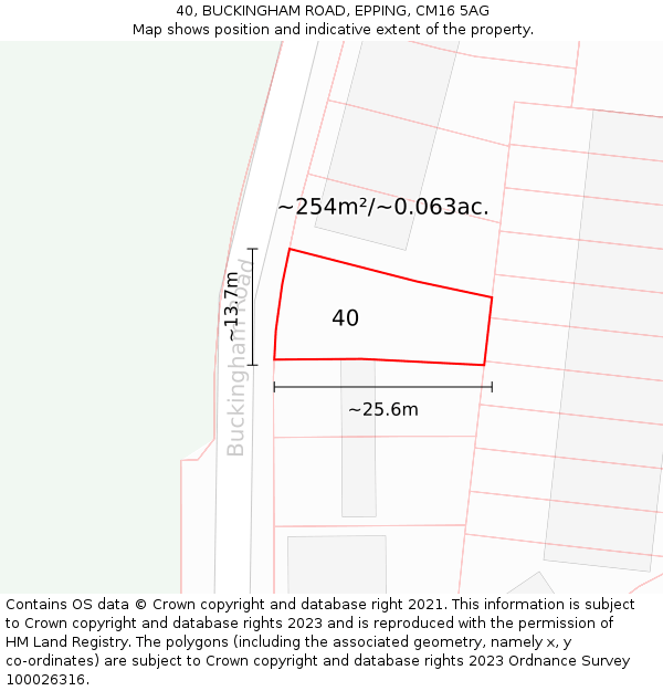 40, BUCKINGHAM ROAD, EPPING, CM16 5AG: Plot and title map