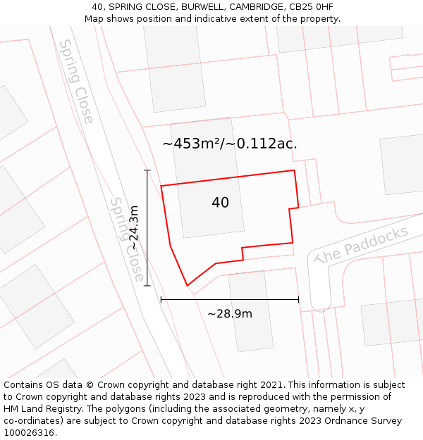 40, SPRING CLOSE, BURWELL, CAMBRIDGE, CB25 0HF: Plot and title map