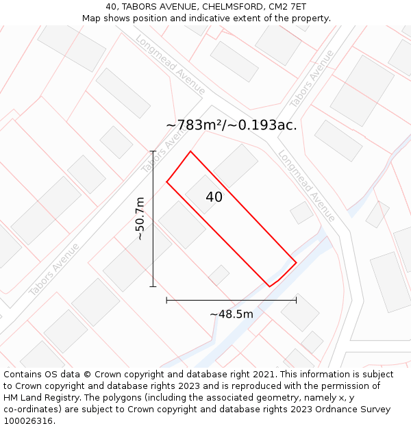 40, TABORS AVENUE, CHELMSFORD, CM2 7ET: Plot and title map