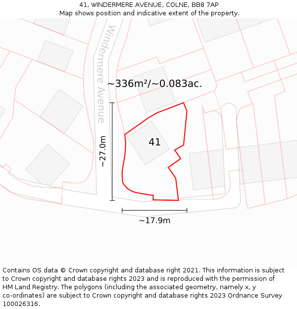 41, WINDERMERE AVENUE, COLNE, BB8 7AP: Plot and title map