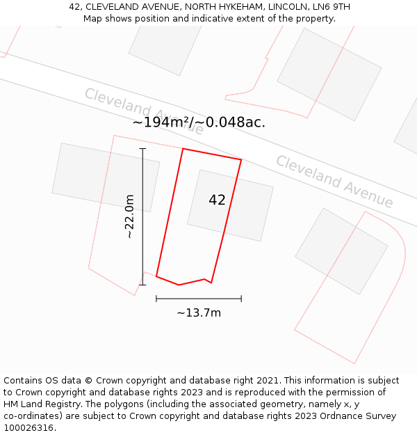 42, CLEVELAND AVENUE, NORTH HYKEHAM, LINCOLN, LN6 9TH: Plot and title map