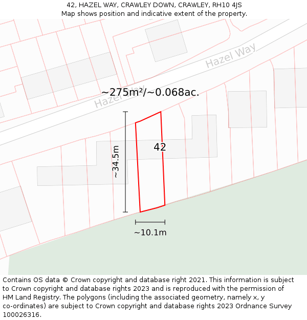42, HAZEL WAY, CRAWLEY DOWN, CRAWLEY, RH10 4JS: Plot and title map