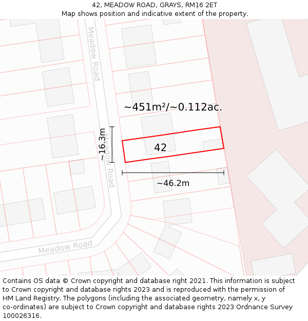 42, MEADOW ROAD, GRAYS, RM16 2ET: Plot and title map