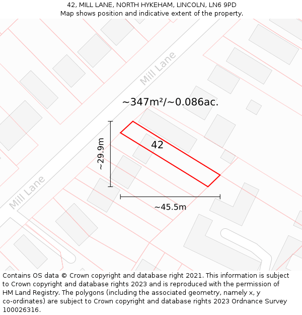 42, MILL LANE, NORTH HYKEHAM, LINCOLN, LN6 9PD: Plot and title map