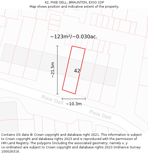 42, PIXIE DELL, BRAUNTON, EX33 1DP: Plot and title map