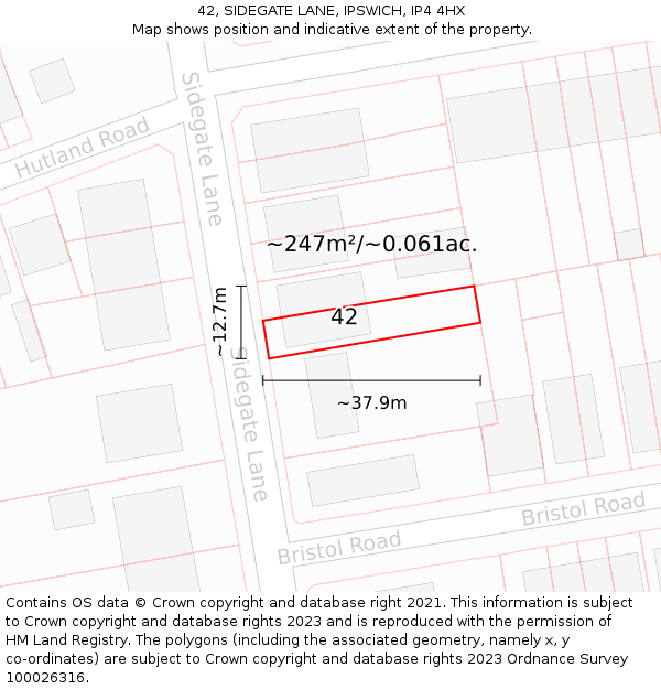 42, SIDEGATE LANE, IPSWICH, IP4 4HX: Plot and title map
