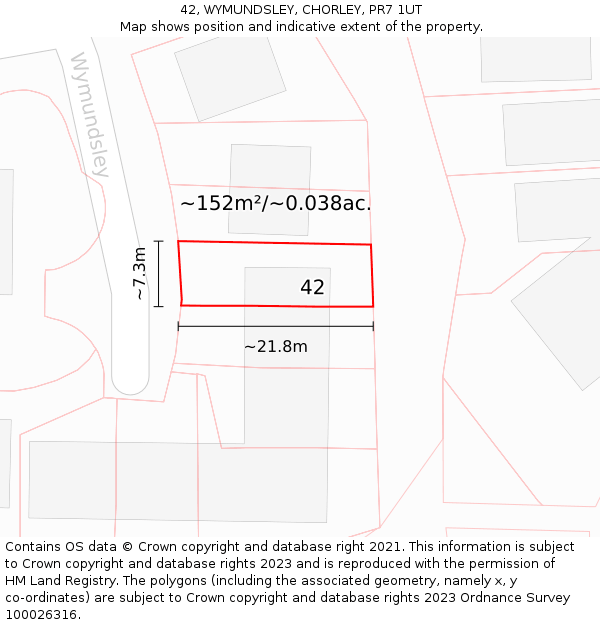 42, WYMUNDSLEY, CHORLEY, PR7 1UT: Plot and title map