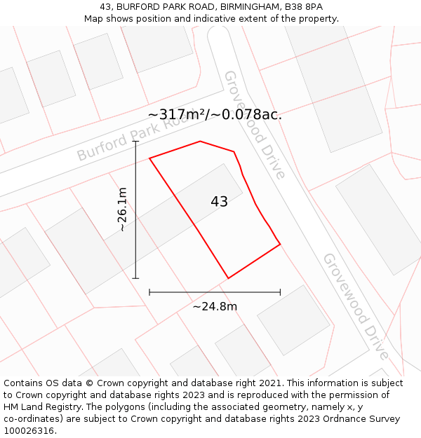 43, BURFORD PARK ROAD, BIRMINGHAM, B38 8PA: Plot and title map