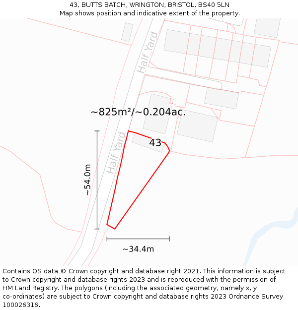 43, BUTTS BATCH, WRINGTON, BRISTOL, BS40 5LN: Plot and title map