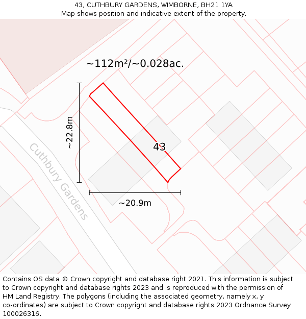 43, CUTHBURY GARDENS, WIMBORNE, BH21 1YA: Plot and title map