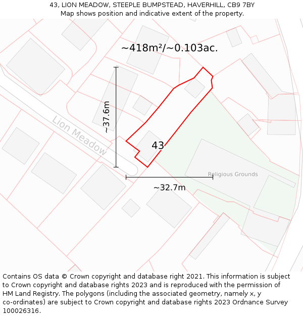 43, LION MEADOW, STEEPLE BUMPSTEAD, HAVERHILL, CB9 7BY: Plot and title map