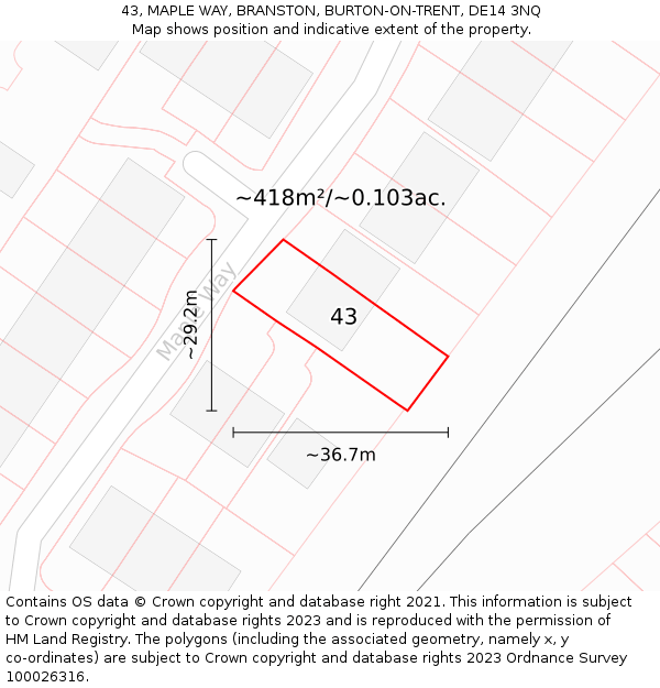 43, MAPLE WAY, BRANSTON, BURTON-ON-TRENT, DE14 3NQ: Plot and title map