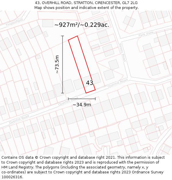 43, OVERHILL ROAD, STRATTON, CIRENCESTER, GL7 2LG: Plot and title map