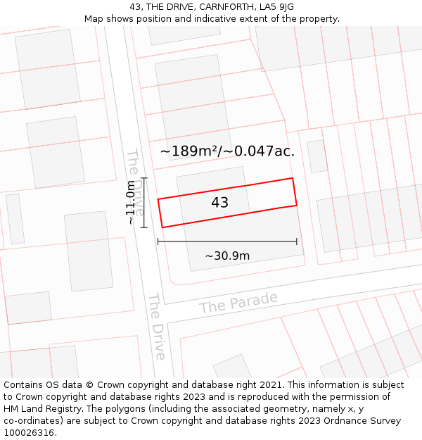 43, THE DRIVE, CARNFORTH, LA5 9JG: Plot and title map