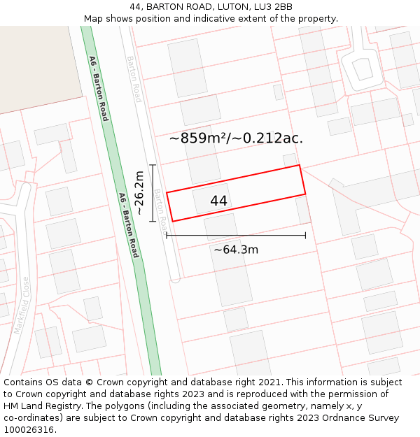 44, BARTON ROAD, LUTON, LU3 2BB: Plot and title map